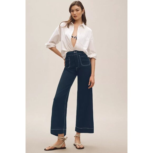 The Colette Contrast-Stitch Linen Crop Wide-Leg Pants by Maeve 33Tall - Picture 2 of 4